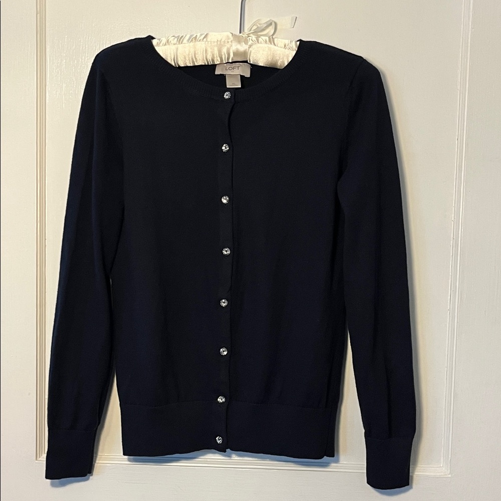 LOFT Navy Blue Classic Cardigan with Crystal like Accents buttons size xs